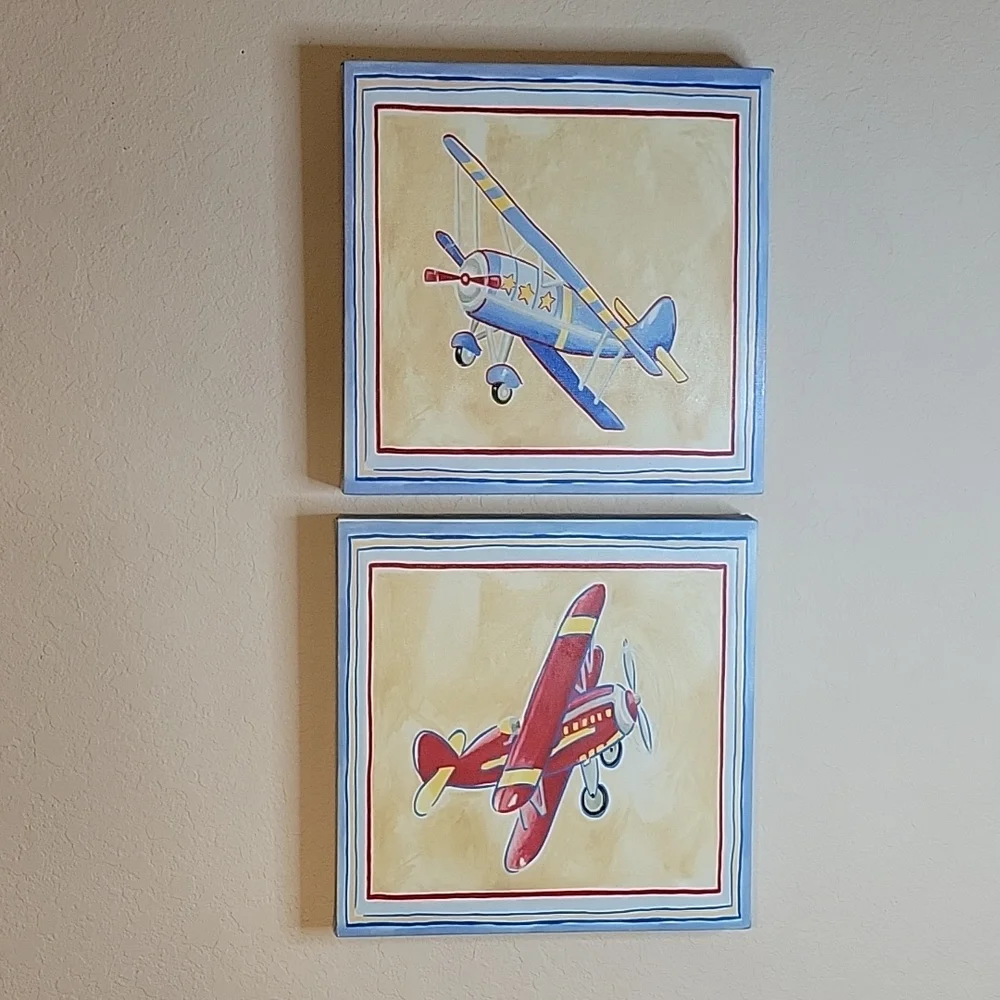 Vintage Airplane Wall Art Pair - Red & Blue Children's Prints